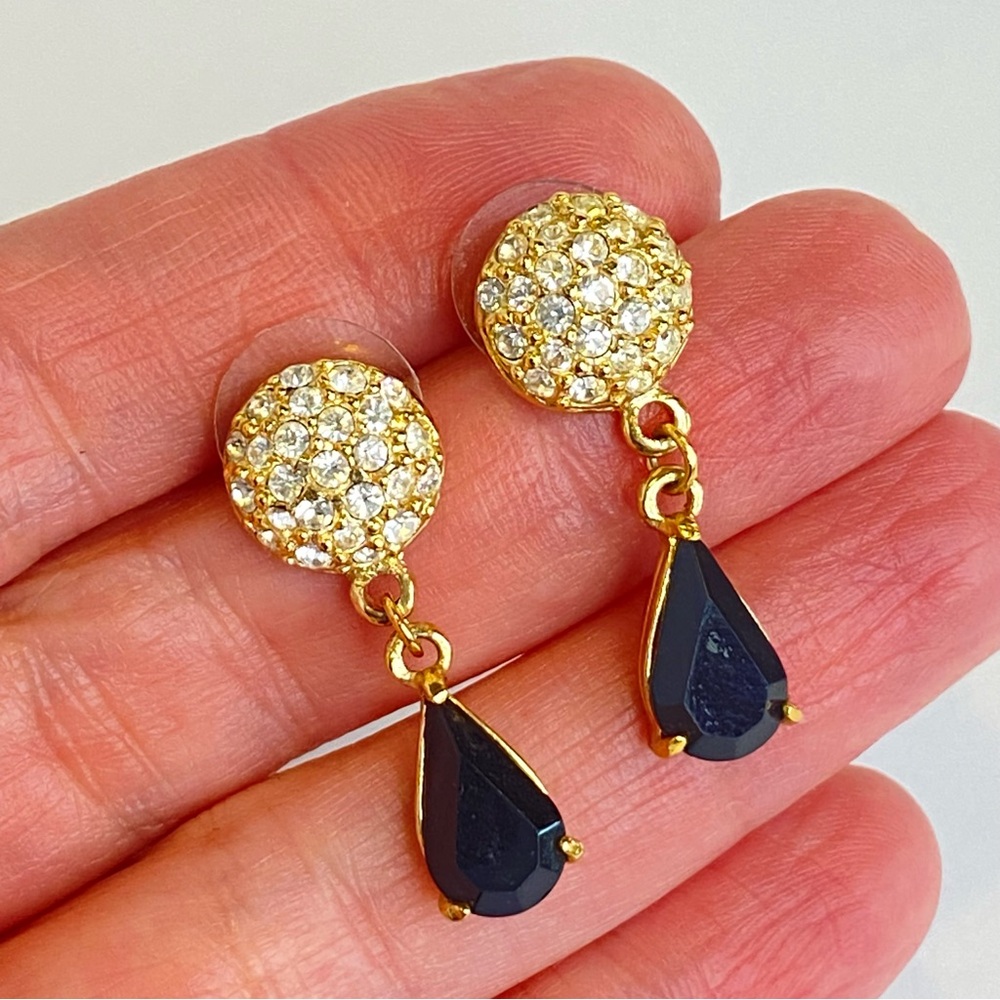 Vintage Roman Earrings Gold Black Teardrop Dangle Pavé Rhinestone 1980‎ Pierced